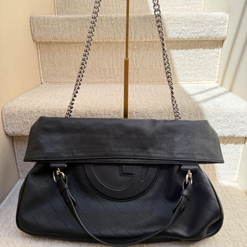 Gucci Sakai Be Green Calfskin Diagonal Stitched Medium Blondie Tote Black - Picture 5 of 14